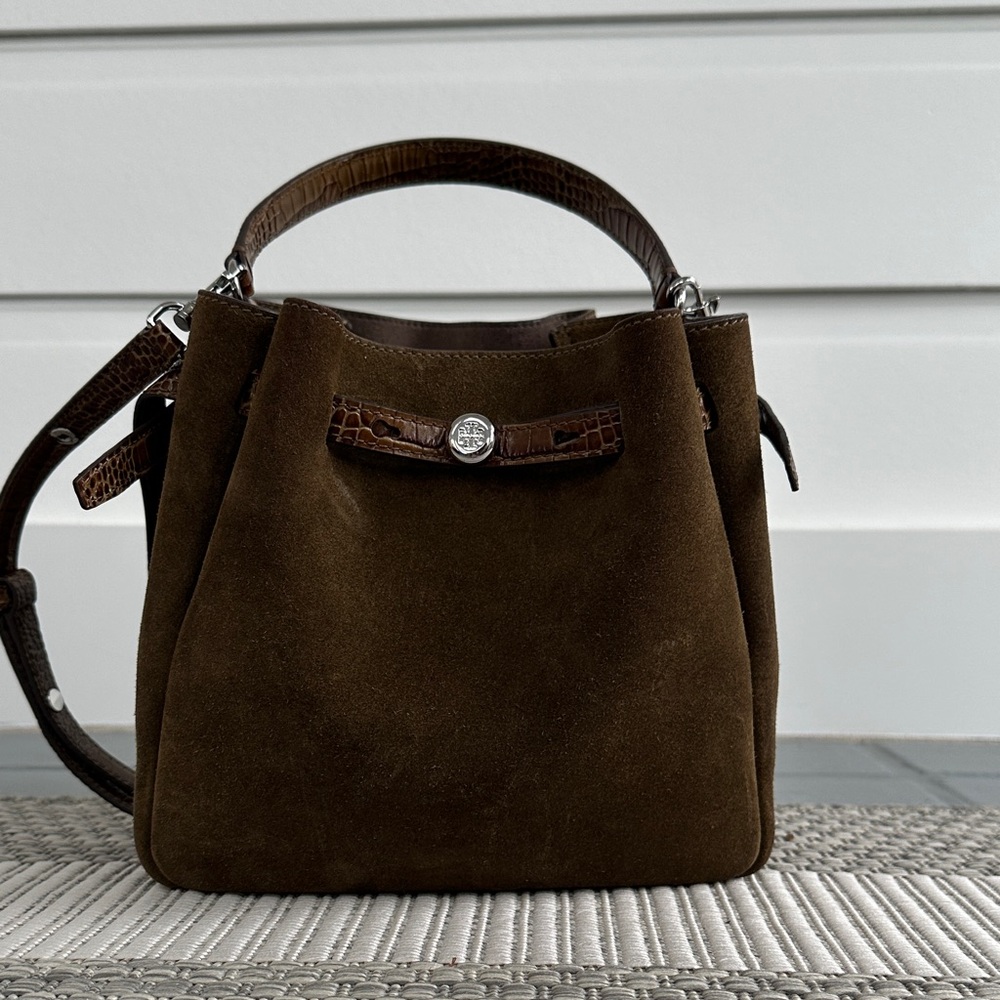 Tory Burch Dark Brown Suede Shoulder Bag with Croc-Trim